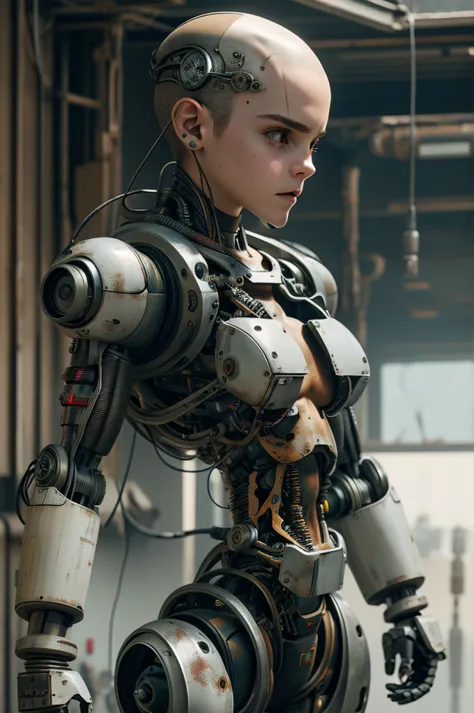 A bald cyborg Emma Watson, with loose wires, integrated weapons, rifle, hoses, exposed torso, androidperson, mark brooks, david ...