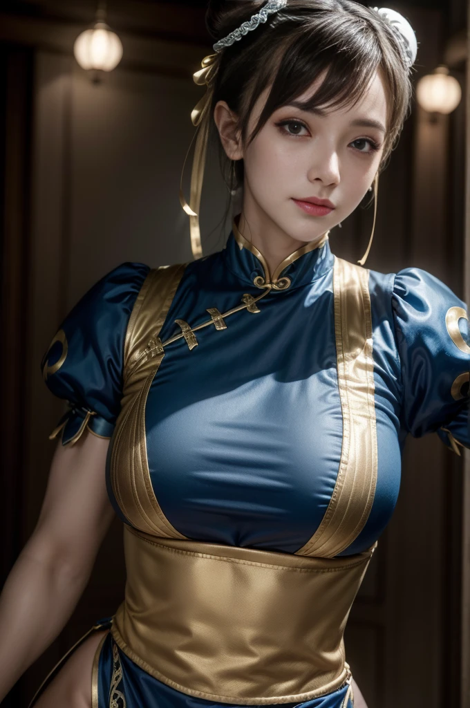 Chun-Li from Street Fight II,The perfect Chun-Li costume,Blue Chinese dress with gold lines,Bun Head,Good cover,Fighting Pose,masterpiece、1 beautiful girl、Fine Eyes、Puffy eyes、highest quality, 超High resolution, (reality: 1.4), Cinema Lighting、Japanese、Asian Beauty、Korean、so beautiful、Beautiful Skin、Body facing forward、Face close-up、(超reality的な)、(High resolution)、(8k)、(Very detailed)、(美しくFine Eyes)、(Very detailed)、 (wall-)、Detailed face、Bright lighting、Professional Lighting、Looking at the audience、Look straight ahead、Diagonal bangs、Nogizaka Idol、Korean Idol、masterpiece, highest quality, masterpiece, highest quality, Perfect Face, Perfect brown eyes with white sclera, Bad move -5, alone, 1 girl, Upper Body, Brown Hair, From SF2, Chinese Language Services, smile, Muscular woman, Blue clothes, pantyhose, Pelvic Curtain, Puff short sleeves, Good cover, sash, evaluation:safety