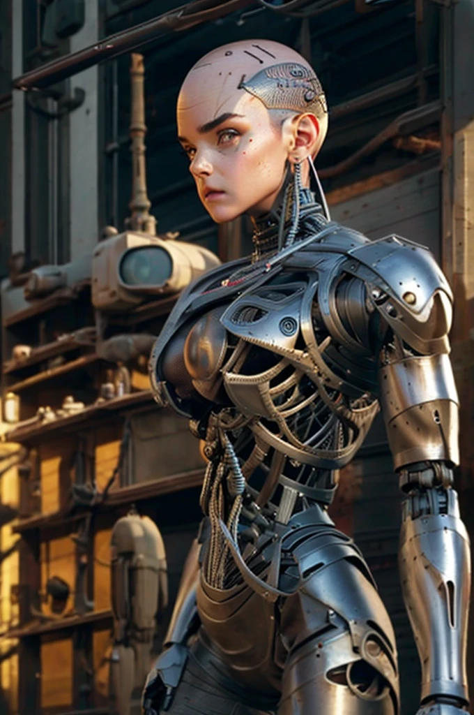 A bald cyborg Emma Watson, with loose wires, mxdress, jacket, jeans,  integrated weapons, rifle, hoses, exposed torso, androidperson, mark brooks, david mann, robot brain, made of steel, hyperrealism, post-apocalyptic, mechanical parts, joints, mecha, j_sci-fi