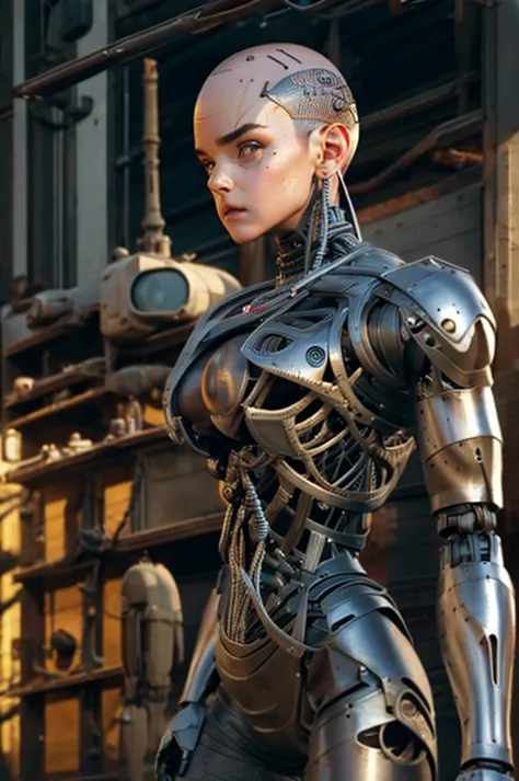A bald cyborg Emma Watson, with loose wires, mxdress, jacket, jeans,  integrated weapons, rifle, hoses, exposed torso, androidpe...