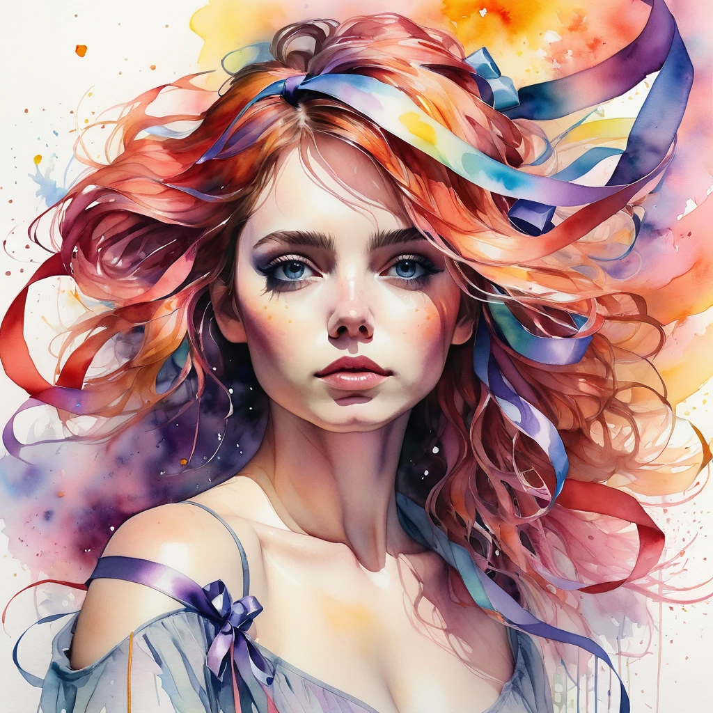 (8k, best quality, masterpiece:1.2),(best quality:1.0), (ultra highres:1.0), watercolor, a beautiful woman, shoulder, hair ribbons, by agnes cecile, full body portrait, extremely luminous bright design, pastel colors, (ink:1.3), autumn lights,