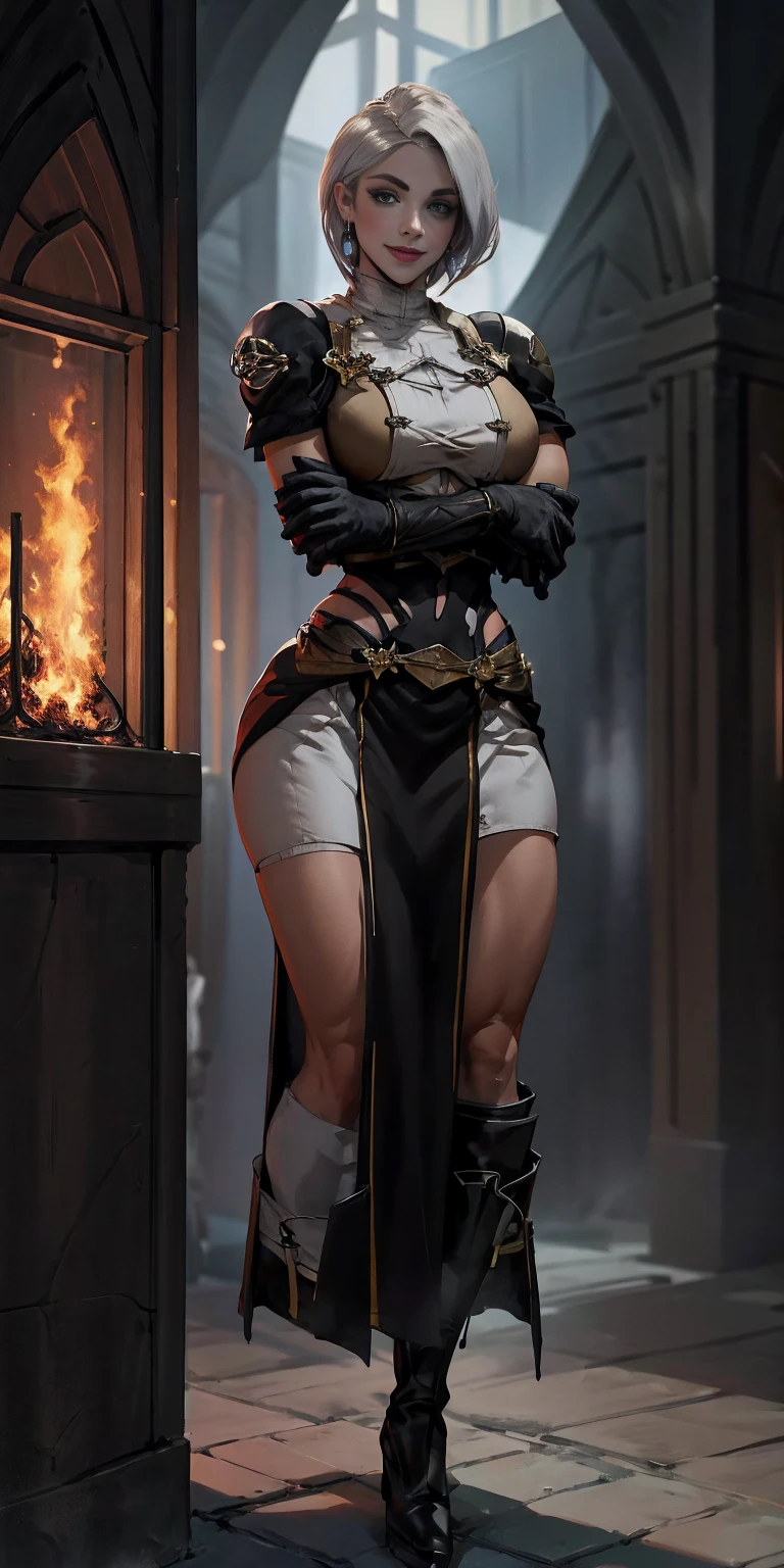 (((1 girl))) short hair, earings ,glossy lips ,team rocket uniform, red letter R, white skirt, white crop top, black thigh-high boots, black elbow gloves, evil smile, looking at viewer, cowboy shot, arms crossed, full body photo Mercedes von Martritz (Fire Emblem: Three Houses)