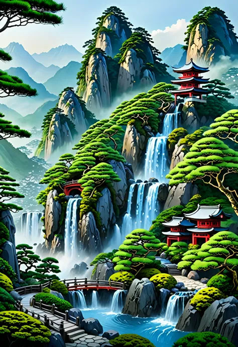 2. Mountain view with a waterfall and a tower in the center, Landscapes painted by Han Kang, CG Association Competition Winner, ...