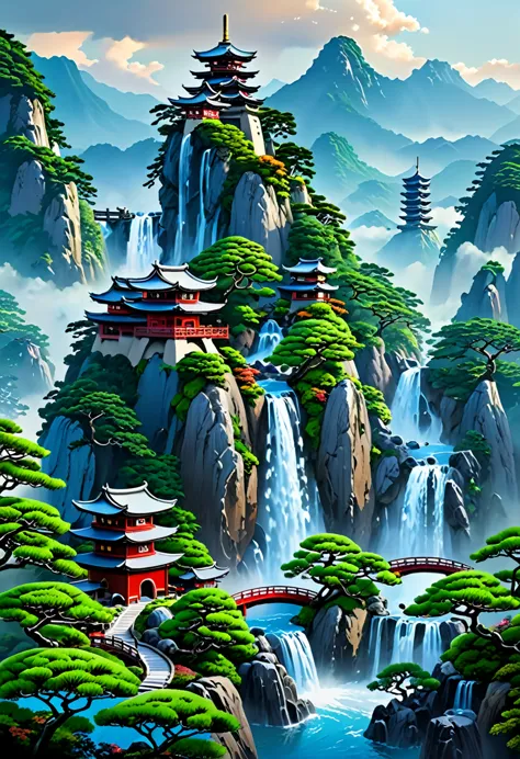 2. Mountain view with a waterfall and a tower in the center, Landscapes painted by Han Kang, CG Association Competition Winner, ...