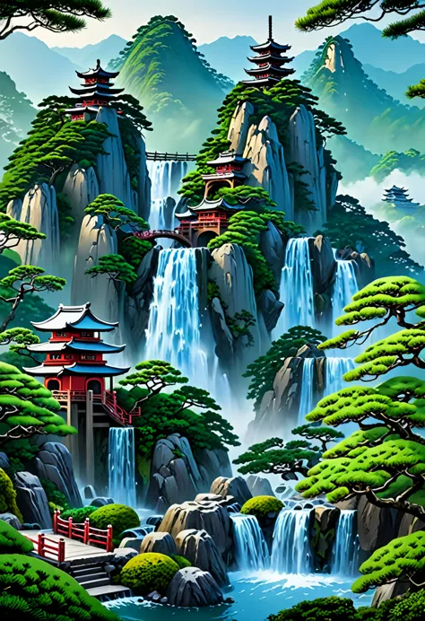 2. Mountain view with a waterfall and a tower in the center, Landscapes painted by Han Kang, CG Association Competition Winner, ...
