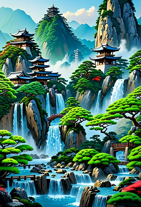 2. Mountain view with a waterfall and a tower in the center, Landscapes painted by Han Kang, CG Association Competition Winner, ...