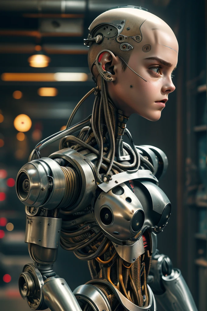 A bald cyborg Emma Watson, with loose wires, metallic skin, hoses, exposed torso, androidperson, mark brooks, david mann, robot brain, made of steel, hyperrealism, post-apocalyptic, mechanical parts, joints, mecha, j_sci-fi