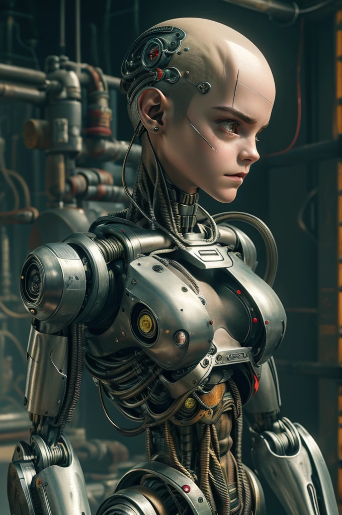 A bald cyborg Emma Watson, with loose wires, metallic skin, hoses, exposed torso, androidperson, mark brooks, david mann, robot brain, made of steel, hyperrealism, post-apocalyptic, mechanical parts, joints, mecha, j_sci-fi