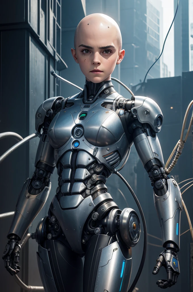 A bald cyborg Emma Watson, with loose wires, metallic skin, hoses, exposed torso, androidperson, mark brooks, david mann, robot brain, made of steel, hyperrealism, post-apocalyptic, mechanical parts, joints, mecha, j_sci-fi