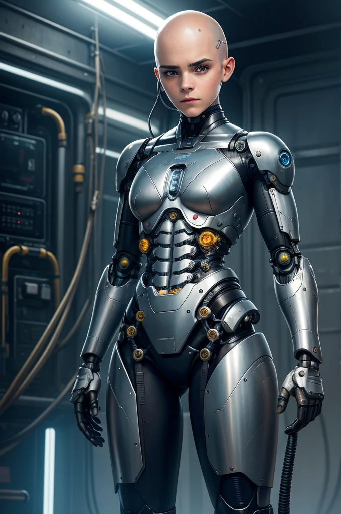 A bald cyborg Emma Watson, mit losen Drähten, metallic skin, Schläuche, freiliegender Oberkörper, Androidperson, Mark Bäche, david mann, Robotergehirn, aus Stahl gemacht, Hyperrealismus, Post-apokalyptischen, Mechanical parts, Joints, Mecha, J_Science-Fiction