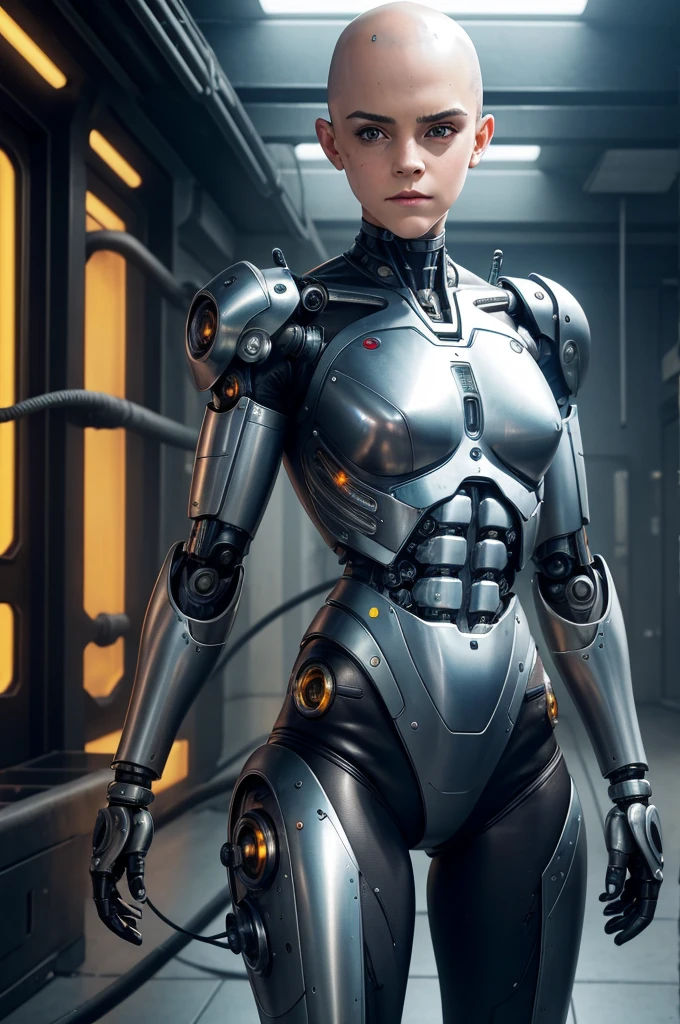 A bald cyborg Emma Watson, with loose wires, metallic skin, hoses, exposed torso, androidperson, mark brooks, david mann, robot brain, made of steel, hyperrealism, post-apocalyptic, mechanical parts, joints, mecha, j_sci-fi