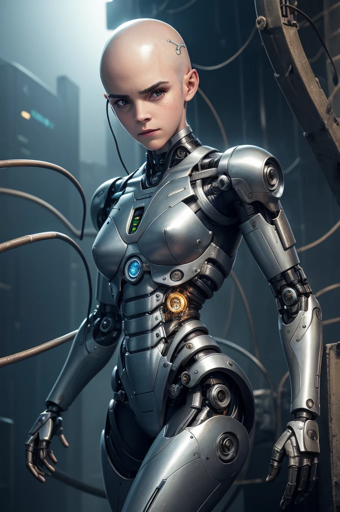 A bald cyborg Emma Watson, with loose wires, metallic skin, hoses, exposed torso, androidperson, mark brooks, david mann, robot brain, made of steel, hyperrealism, post-apocalyptic, mechanical parts, joints, mecha, j_sci-fi