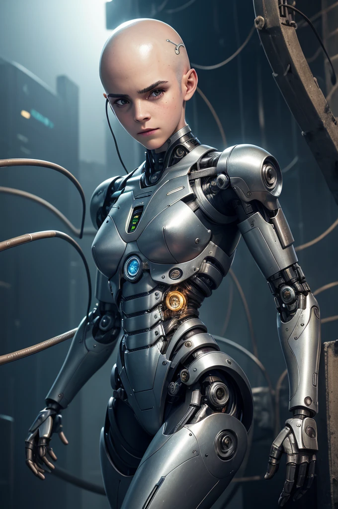 La cyborg calva Emma Watson, con cables sueltos, piel metalica, mangueras, torso expuesto, persona androide, marca arroyos, David Mann, Cerebro robótico, hecho de acero, hyperrealism, post apocalíptico, partes mecánicas, articulaciones, mecha, j_ciencia ficción