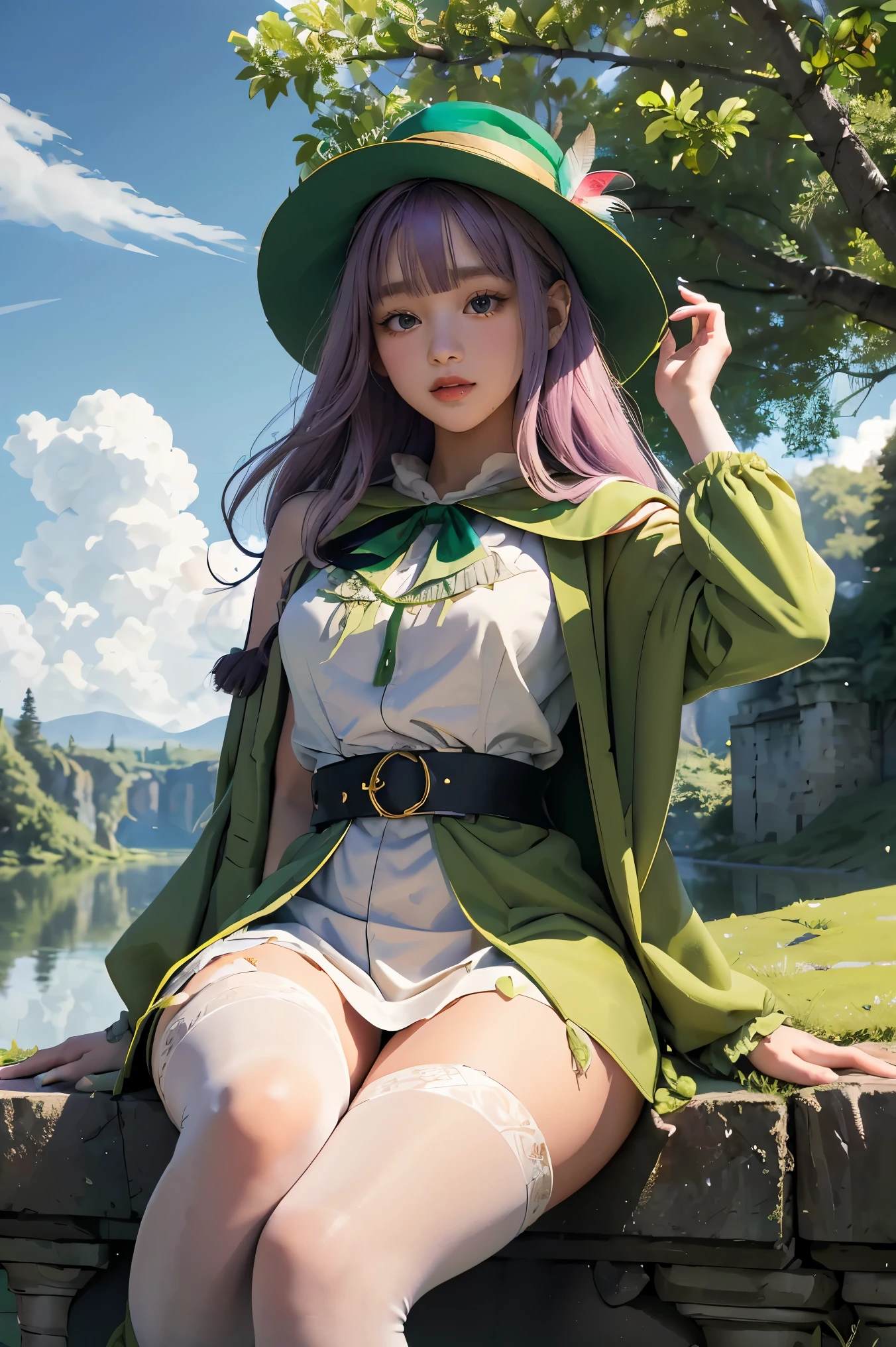 best quality, (masterpiece:1.2), illustration, absurdres,  (1girl, solo), (beautiful detailed girl),, Aeolia, lilac hair, long hair, red eyes, medium breasts,, happy, cheerful,, green hat, hat with feather ornament, green dress, green coat, (fantasy:1.1) (medieval:1.1) outfit, (black_pantyhose:1.1), white shirt, brown shorts, fleece lined boots, brown boots,, magical forest, flowers, fairy ring, ancient ruins, stone ruins, lake, sky, clouds