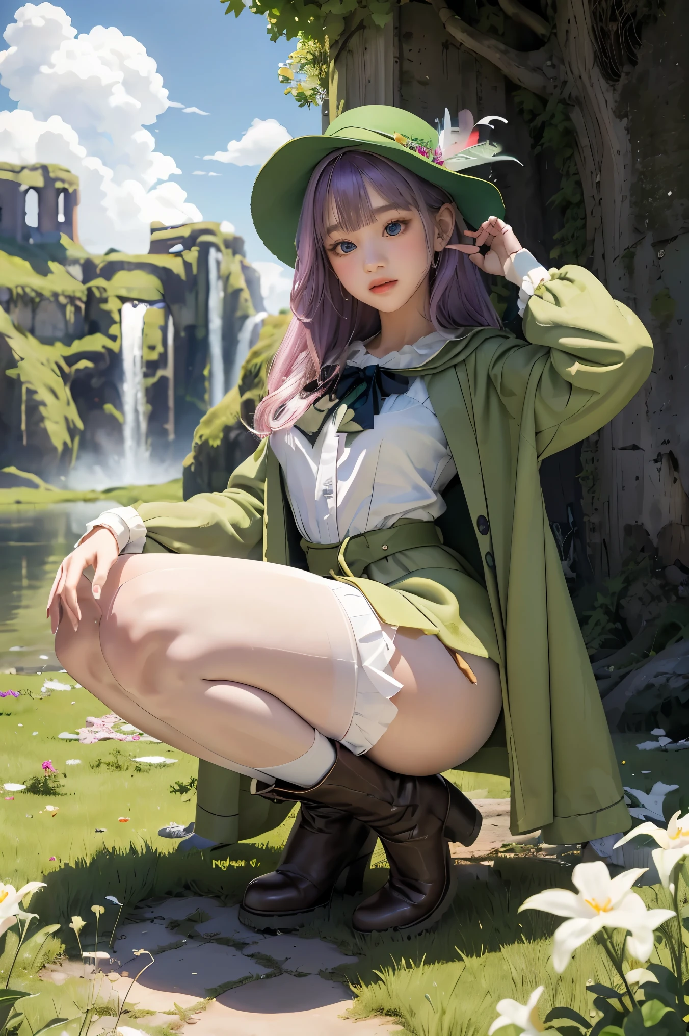 best quality, (masterpiece:1.2), illustration, absurdres,  (1girl, solo), (beautiful detailed girl),, Aeolia, lilac hair, long hair, red eyes, medium breasts,, happy, cheerful,, green hat, hat with feather ornament, green dress, green coat, (fantasy:1.1) (medieval:1.1) outfit, (black_pantyhose:1.1), white shirt, brown shorts, fleece lined boots, brown boots,, magical forest, flowers, fairy ring, ancient ruins, stone ruins, lake, sky, clouds