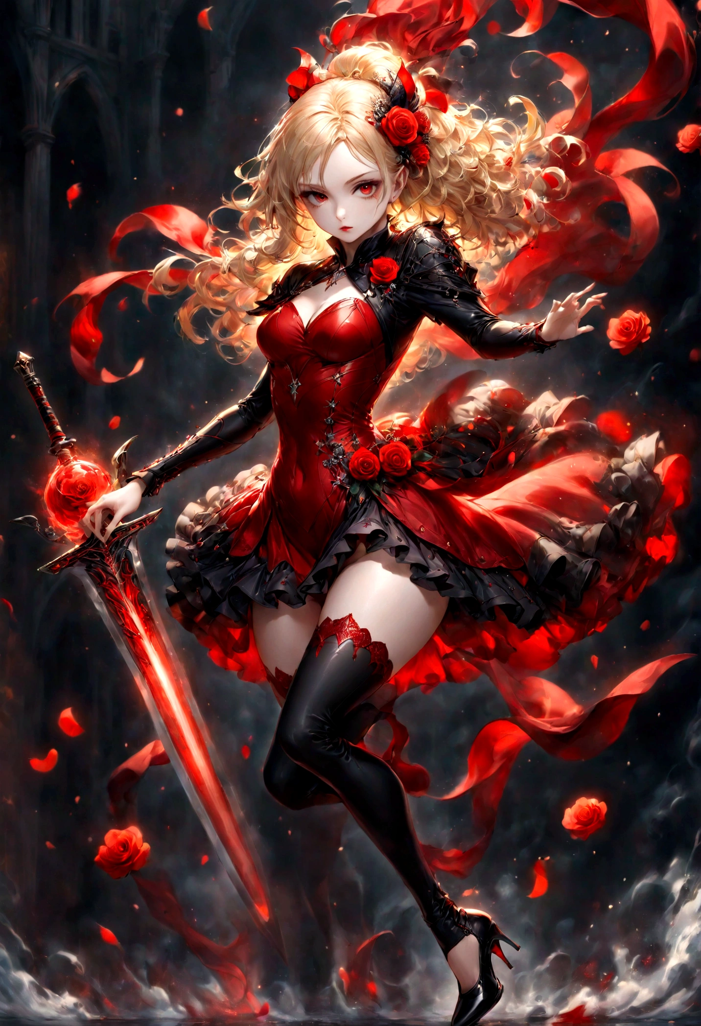 modisn disney, Arafed, action shot, Dark fantasy art, fantasy art, goth art, a picture of a female vampire, exquisite beauty, full body shot, dark glamour shot, pale white skin, blond hair, long hair, wavy hair, (glowing grey: 1.3) eyes, she wears a (red: 1.3) red thigh suit, ArmoredDress, she holds a sword in hand, (ready for battle: 1.4) , the roses are imprinted on the suit (black: 1.4) black roses, high heels, dark castle, dark, black and color, Dark Art Painting Style, flower dress, betmd