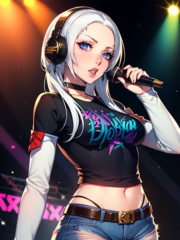Edelgard,earrings ,lipstick, eye shadow, makeup, 1girl, solo, black t-shirt, white shirt, blue jeans, belt, lipstick, large breasts, layered sleeves, sexy pose, holding a micrphone, singing, stage background, headphones