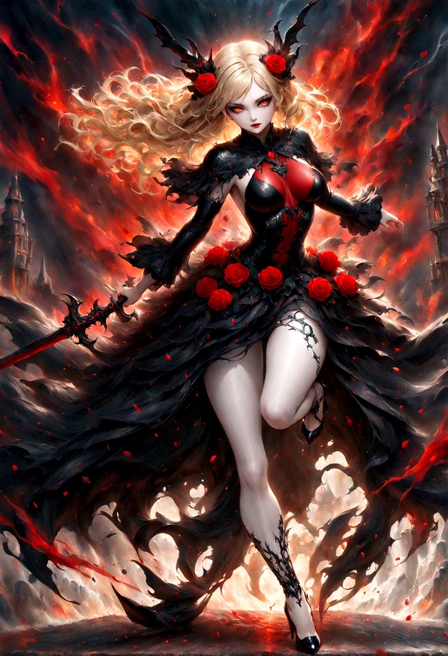 modisn disney, Arafed, action shot, Dark fantasy art, fantasy art, goth art, a picture of a female vampire, exquisite beauty, full body shot, dark glamour shot, pale white skin, blond hair, long hair, wavy hair, (glowing grey: 1.3) eyes, she wears a (red: 1.3) red thigh suit, ArmoredDress, she holds a sword in hand, (ready for battle: 1.4) , the roses are imprinted on the suit (black: 1.4) black roses, high heels, dark castle, dark, black and color, Dark Art Painting Style, flower dress, betmd