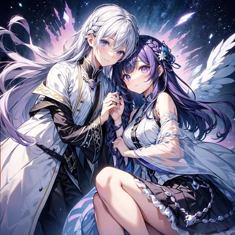 masterpiece,Little,cute、Man and woman couple、Relaxed facial expression、sdcgsd、girl:Milky white and purple gradient long hair 1.5...