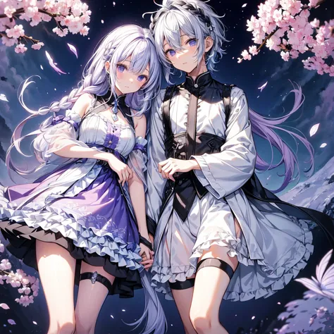 masterpiece,Little,cute、Man and woman couple、Relaxed facial expression、sdcgsd、girl:Milky white and purple gradient long hair 1.5...