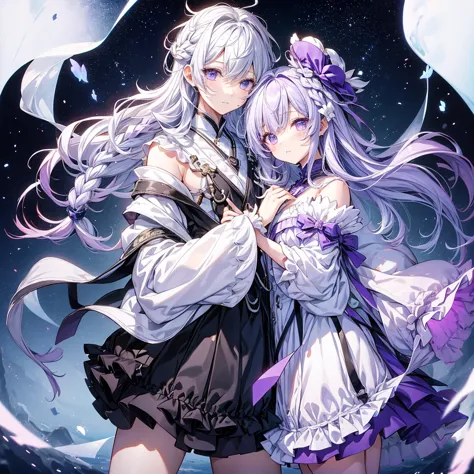 masterpiece,Little,cute、Man and woman couple、Relaxed facial expression、sdcgsd、girl:Milky white and purple gradient long hair 1.5...