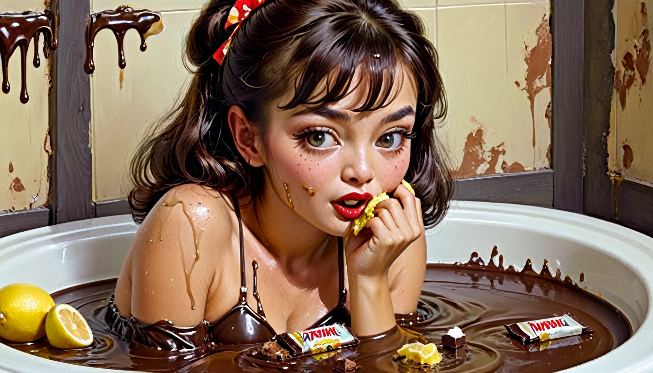 Cute dainty Japanese girl in bathroom, eating melting chocolate candy bar, chocolate all over her fingers and face, lemonade on her legs and feet, sour cream on her face, chocolate pudding smeared on walls, old Japanese porn aesthetic, by Frank Frazetta, by Brian Bolland, by Jim Steranko, Euro-Fumetti style, 1960s retro aesthetic, vivid lurid technicolor tones, Lomography effect, Best Quality HD, 8x, intricately detailed, vintage erotic art style, vivid colors, crisp details of face, 35mm motion picture film, grainy damaged film, old analog film