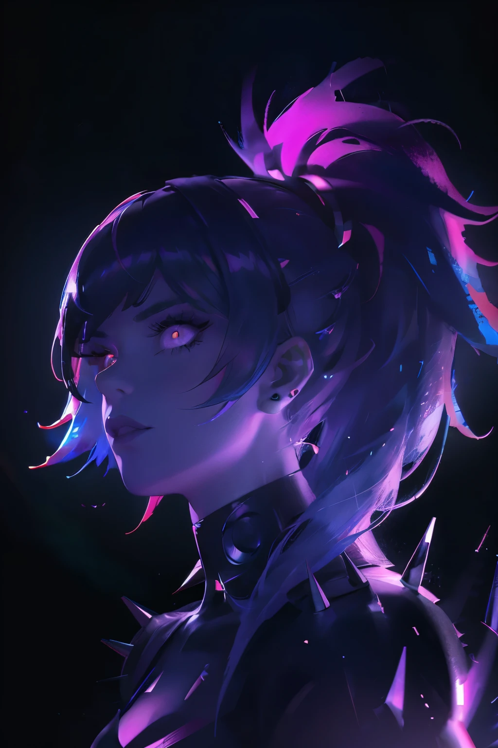 incredible detailed anime k-pop girl with spiky ponytail, beautiful detailed eyes, beautiful detailed lips, extremely detailed face, long eyelashes, dynamic pose, dramatic lighting, neon backlit, dark moody atmosphere, chiaroscuro lighting, moody colors, vibrant neon colors, cyberpunk aesthetic, 8k, high quality, hyper detailed, photorealistic, masterpiece