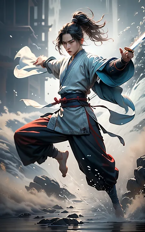 martial arts, 1 boy, solitary, simple background, jump with arms stretched out(red hanfu:1.4)(chinese sword, holding a sword:1...