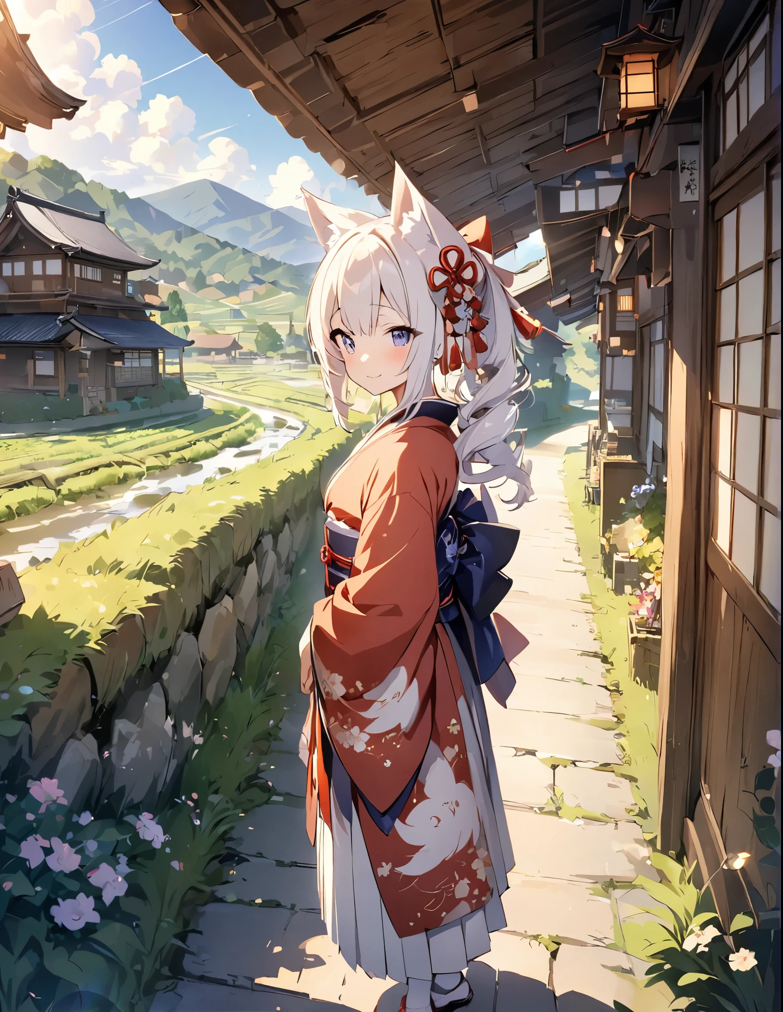 (Anime-Serie)、(Meisterwerk:1.2),atmosphärische Perspektive,Linsenreflexion、Neunschwänziger Fuchs、Mädchen、Niedlich、Gute alte japanische Landschaft、Subfox