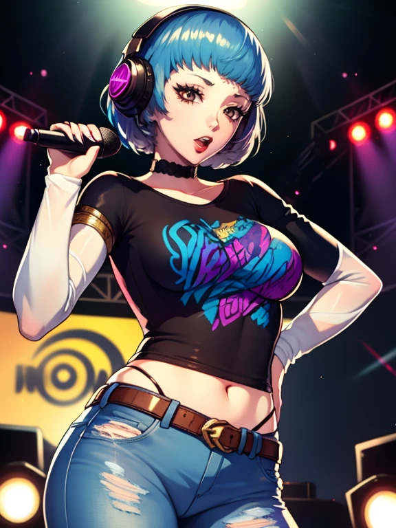 Marianne,earrings ,lipstick, eye shadow, makeup, 1girl, solo, black t-shirt, white shirt, blue jeans, belt, lipstick, large breasts, layered sleeves, sexy pose, holding a micrphone, singing, stage background, headphones