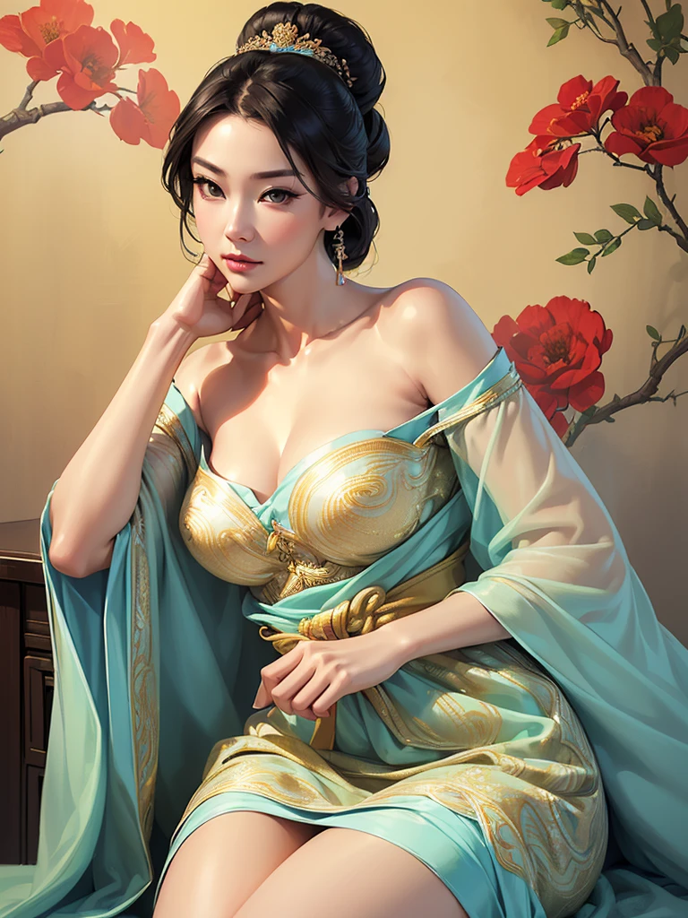 (best quality,ultra-detailed,realistic:1.37),(Korean:1.1)(beautiful detailed dress,adult,woman,detailed description),(beautiful detailed woman,beautiful Chinese background,exposed collarbone),(black eyes,natural eyes,realistic facial features,beautiful leg line),(sexy,full body photo,realistic body proportions,accurate eye ratio),(frontal photo,realistic and slender face),