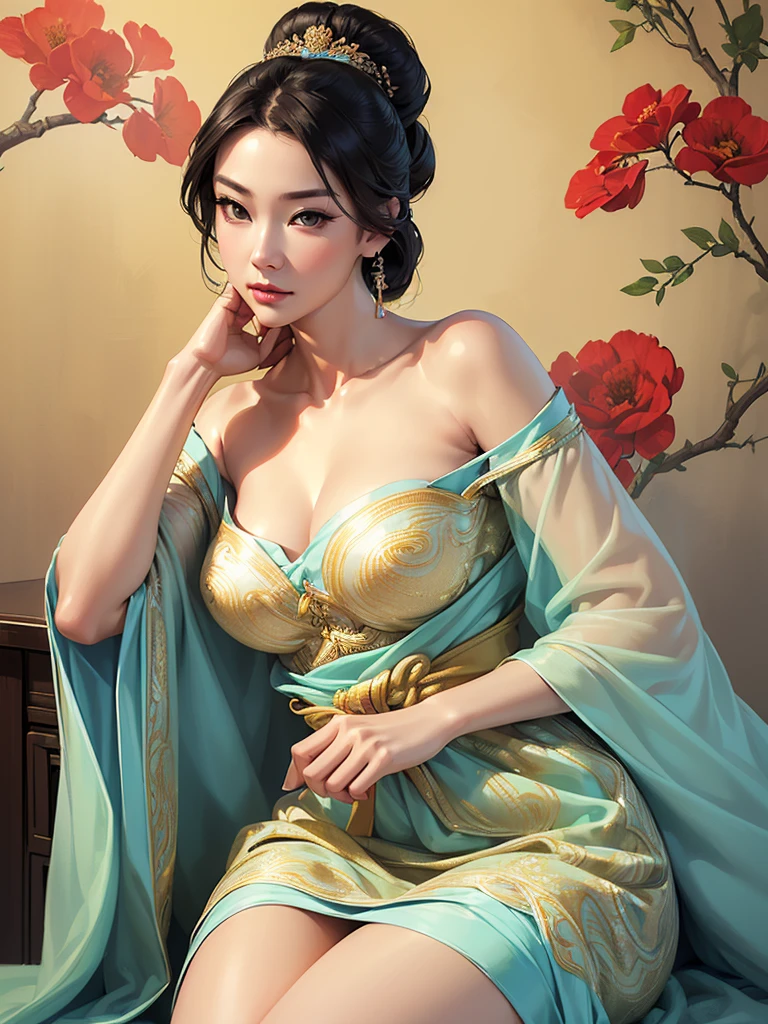 (Meilleure qualité,ultra-détaillé,Réaliste:1.37),(coréen:1.1)(belle robe détaillée,adulte,femme,Description détaillée),(beautiful detailed femme,beau fond chinois,clavicule exposée),(Yeux noirs,Yeux naturels,Réaliste facial features,Belle ligne de jambe),(Sexy,photo du corps entier,Réaliste body proportions,rapport oculaire précis),(photo frontale,Réaliste and slender face),