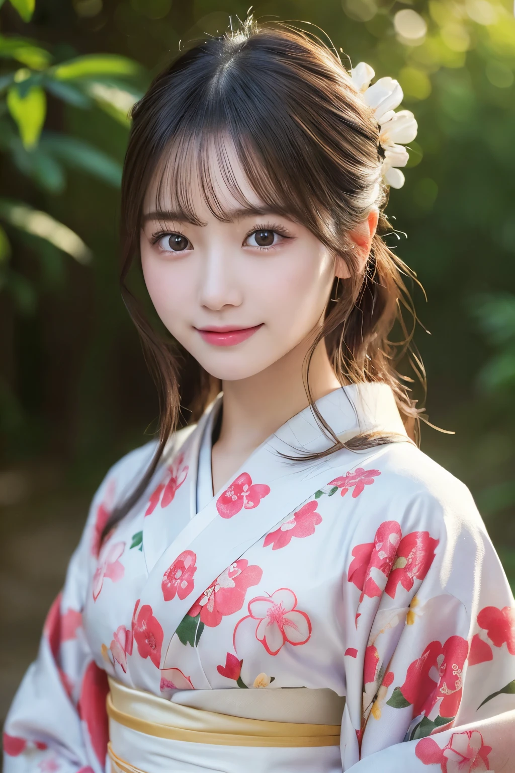 （kimono）、(highest quality、8k、High resolution、masterpiece:1.2)、Very detailed、(Realistic、photoRealistic、photo-Realistic:1.3)、Instagram、Depth of written boundary、Portraiture、(Natural and detailed eyes、beautiful girl、Young face、Detailed face、No makeup)、Slightly backlit、Professional Lighting、Smile、Caustics