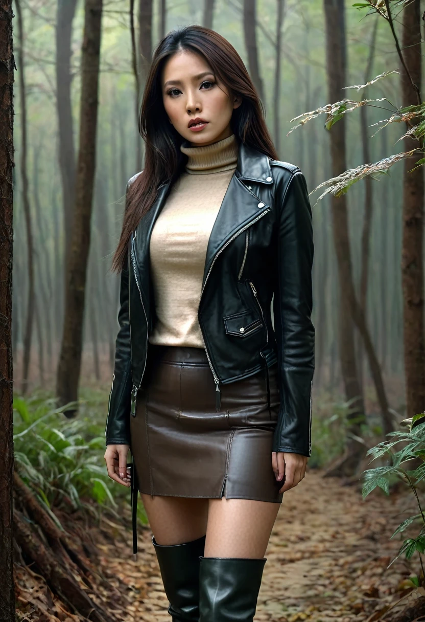  a woman, depraved expression, forest, long brunette hair, asian, over-knee stiletto boots, pencil skirt, leather jacket, beige turtleneck sweater, mature, (best quality,4k,8k,highres,masterpiece:1.2),ultra-detailed,(realistic,photorealistic,photo-realistic:1.37),dark moody lighting,dramatic shadows, vegetation, red,