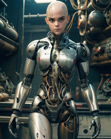 A bald cyborg Emma Watson, with loose wires, metallic skin, hoses, exposed torso, androidperson, mark brooks, david mann, robot ...