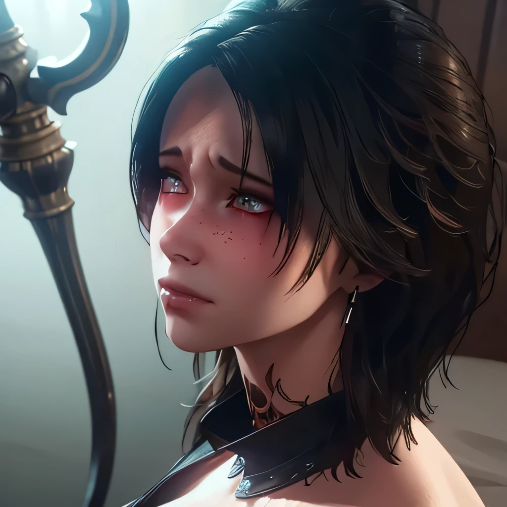 (best quality,4k,8k,highres,masterpiece:1.2),ultra-detailed,(realistic,photorealistic,photo-realistic:1.37),Evelyn,close-up,complete face detailed,blushing,baldur's gate 3,solo,beautiful detailed eyes,beautiful detailed lips,extremely detailed eyes and face,longeyelashes,dynamic facial expression,distinctive features,emotional eyes,pouty lips,supple skin,rosy cheeks,vibrant blush,smooth and flawless complexion,great attention to facial contours and proportions,clear definition of facial features,hairstyle: elegant and flowing,graceful and natural movement of hair,subtle strands gently framing the face,subtle hints of sunlight illuminating the hair,subtle highlights and shadows creating depth and dimension,perfectly positioned lighting to highlight the facial features,delicate play of light and shadow,soft and diffused lighting,bringing out the texture and details of the skin,subtle glow on the cheeks,dramatic yet natural-looking colors,vivid and warm color palette,subtle use of complementary colors to enhance the overall mood,artistic and painterly rendering,impeccable attention to detail and realism,art style: intricate and sophisticated,influences of fantasy and realism,meticulously crafted background elements,subtle hints of the Baldur's Gate 3 world,subtle nods to the game's aesthetics and themes,subtle references to Evelyn's character and story,prominence of Evelyn in the composition,engaging and captivating gaze,expressive and emotive eyes capturing the viewer's attention,intriguing narrative conveyed through Evelyn's facial expression and body language,immersing the viewer into the world of Baldur's Gate 3,sense of depth and realism,impressive level of detail and clarity,striving for a lifelike representation of Evelyn,showcasing the beauty and uniqueness of Evelyn through intricate and precise brushwork. Big breast, wearing pink bra, sleeping, laying in bed