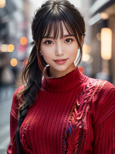 1 Japanese girl,(Colorful red sweater:1.4),(Autumn Fashion:1.2), (RAW Photos, highest quality), (Realistic, Photorealistic:1.4),...