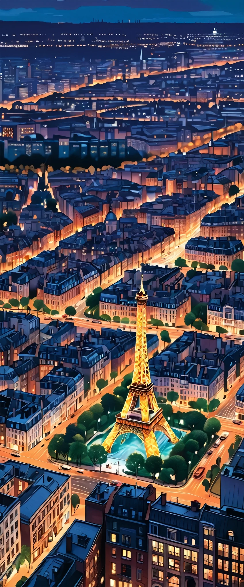 具有高清影像、高聳的大都市和雄偉的艾菲爾鐵塔、黃昏時分，巴黎天際線照亮了、令人驚嘆的城市景觀。这件令人印象深刻的作品在光之城的背景下被重新诠释、提供高度細緻的特寫鏡頭。高清美學無縫結合、它描繪了一座迷人的城市, 由藝術家 Jen Bartel 和 Alina Aena Enami 繪製的精美插畫.。 這迷人的街景讓人想起羅利&#39;獨特的風格.、這是藝術作品的縮影的證明.。每一件作品都有生命力