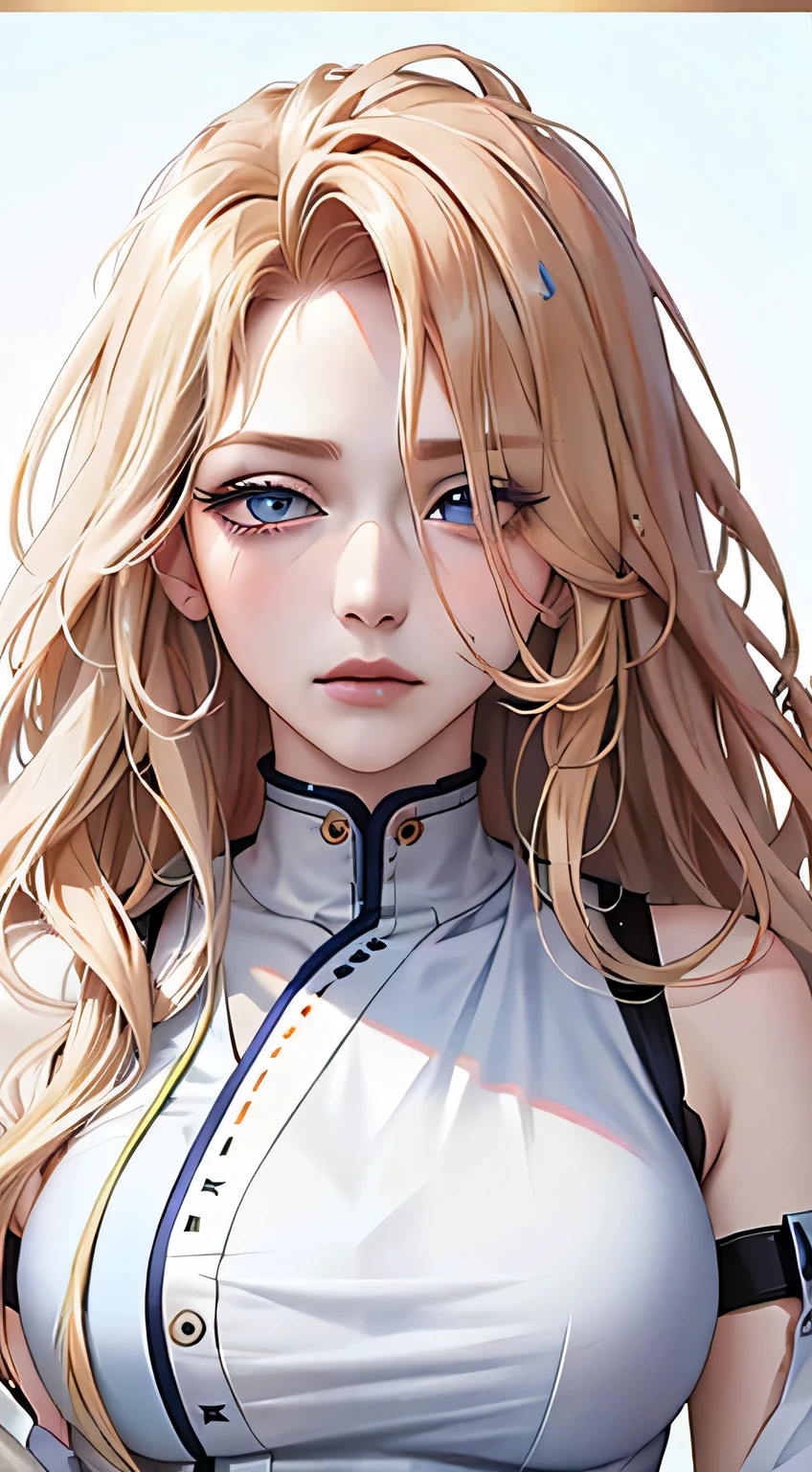 Woman, blonde hair, Wavy hair, wild hair, long hair, Blue eyes, serious look, Serious expression on his face, medical gown, White shirt, portrait, half of the body, aura of calm, makeup, anime style, (beautiful eyes, Detailed eyes, half-closed eyes) 