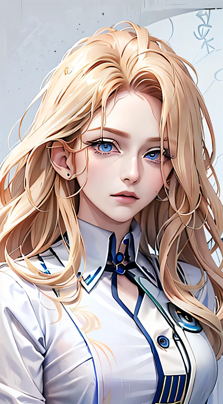 Woman, ((blonde hair, Wavy hair, wild hair, long hair, Blue eyes)), serious look, Serious expression on his face, medical gown, White shirt, portrait, half of the body, aura of calm, makeup, anime style, (beautiful eyes, Detailed eyes, half-closed eyes)