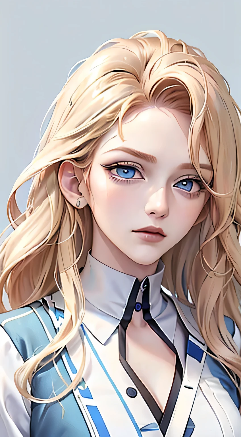 Woman, ((blonde hair, Wavy hair, wild hair, long hair, Blue eyes)), serious look, Serious expression on his face, medical gown, White shirt, portrait, half of the body, aura of calm, makeup, anime style, (beautiful eyes, Detailed eyes, half-closed eyes)