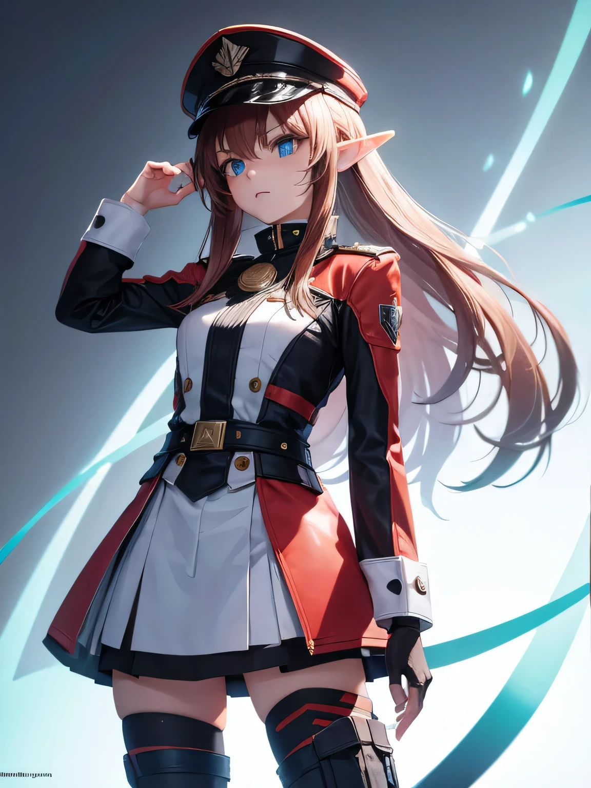 highly detailed 3D rendering of a character named Ulc from SEGA's PSO2. elf-like female with pointed ears, (small gray woman's Garrison cap), (long straight dark red hair), (gray futuristic military-style uniform, including a fitted jacket with intricate white designs, shoulder epaulets, and a skirt), (annoyed, stupefied), (one hand near her ear as if she is communicating through a device), looking away