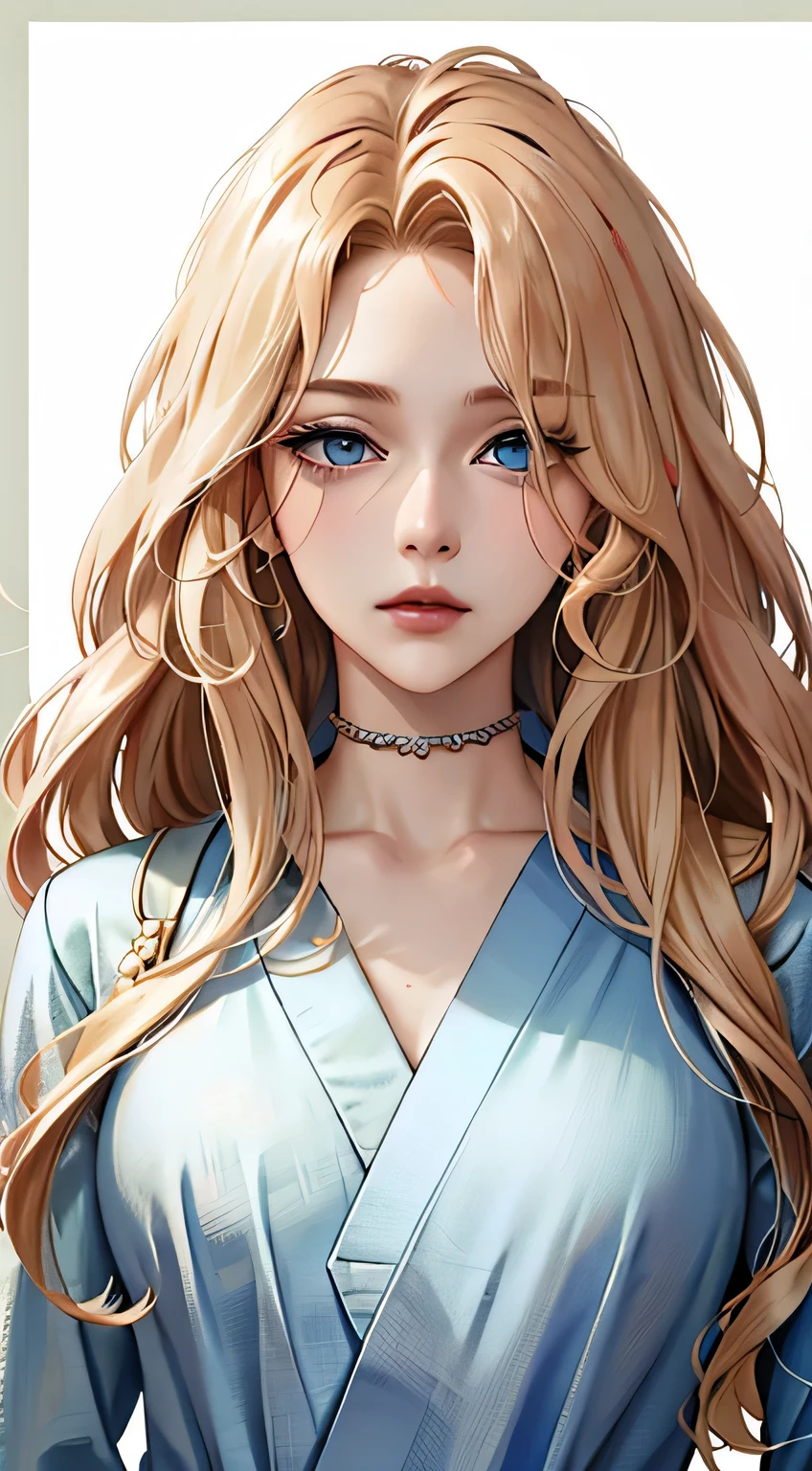 Woman, ((blonde hair, Wavy hair, wild hair, long hair, Blue eyes)), serious look, Serious expression on his face, medical gown, White shirt, portrait, half of the body, aura of calm, makeup, anime style, (beautiful eyes, Detailed eyes, half-closed eyes)