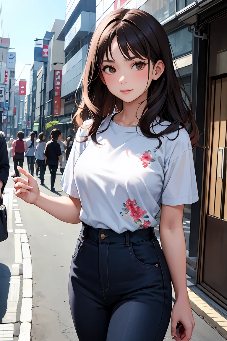 masterpiece, highest quality, Photo of a modern Caucasian European woman with wavy dark hair, Fine brown eyes, And a floral shirt on the streets of Tokyo