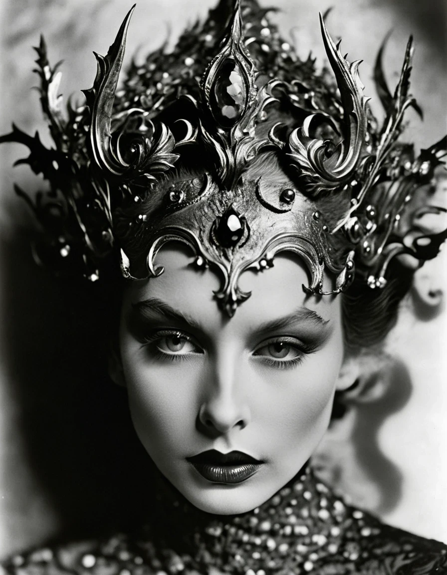 Close-Up of Face，（Macro），Demon's Crown, in style of Cecil Beaton