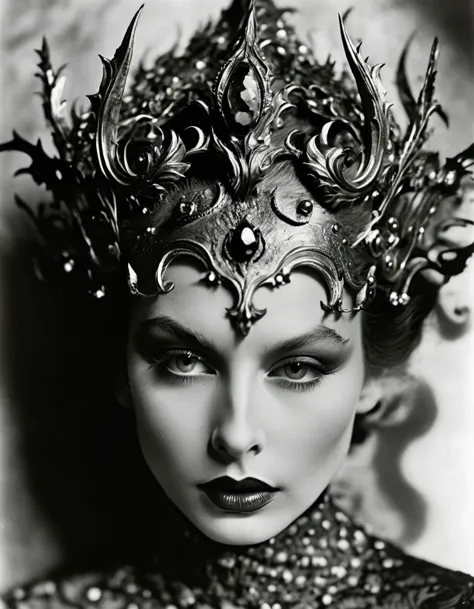 close-up of face，（macro），demon's crown, in style of cecil beaton