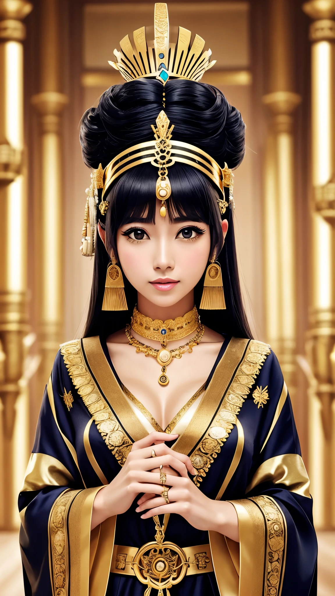 Cleopatra Wind Goddess、Clothes are kimono、crown、gold、gold necklace、ring、gorgeous