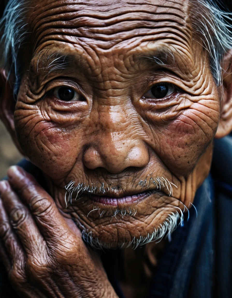 Primer plano de la cara，Primer plano del rostro de un viejo granjero chino，manos ásperas