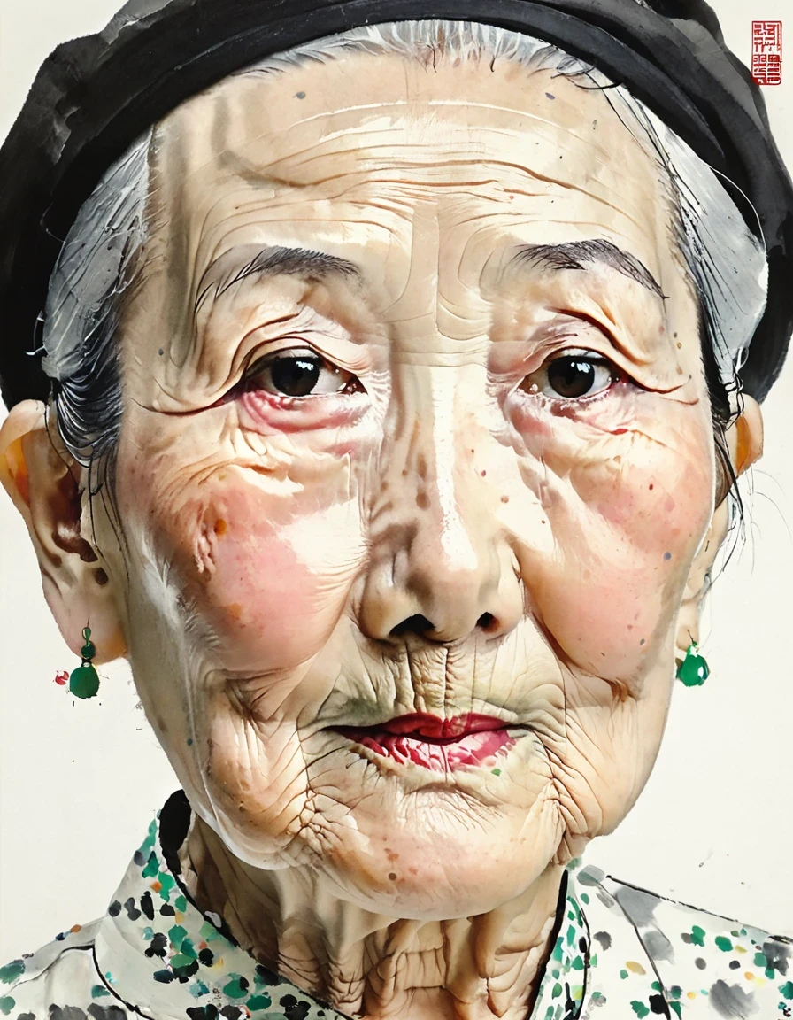 gros plan du visage，gros plan du visage，Mamie chinoise, à la manière de Cecil Beaton，photographie en studio，Ultra HD，ultra haute qualité，Wu Guanzhong