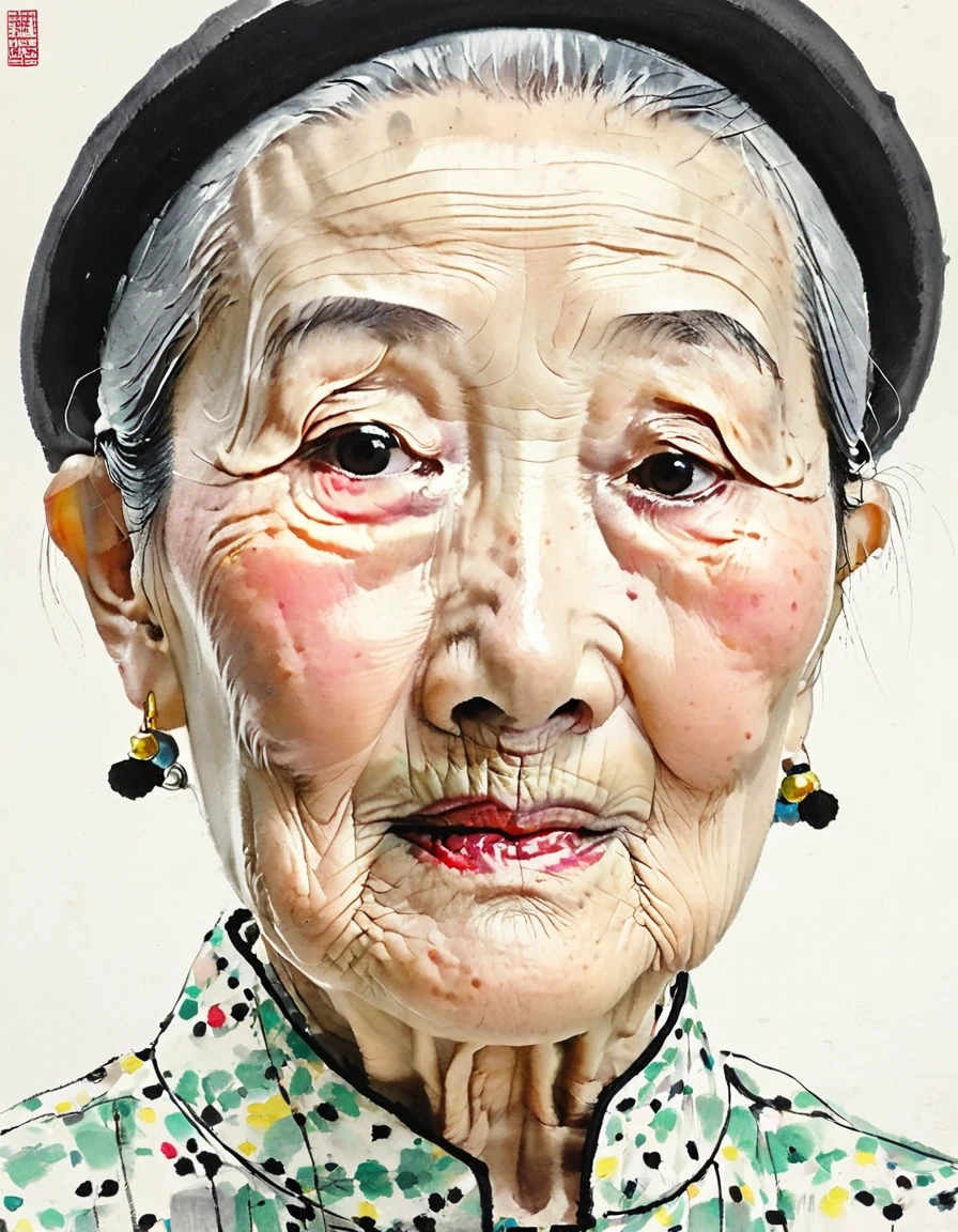 gros plan du visage，gros plan du visage，Mamie chinoise, à la manière de Cecil Beaton，photographie en studio，Ultra HD，ultra haute qualité，Wu Guanzhong